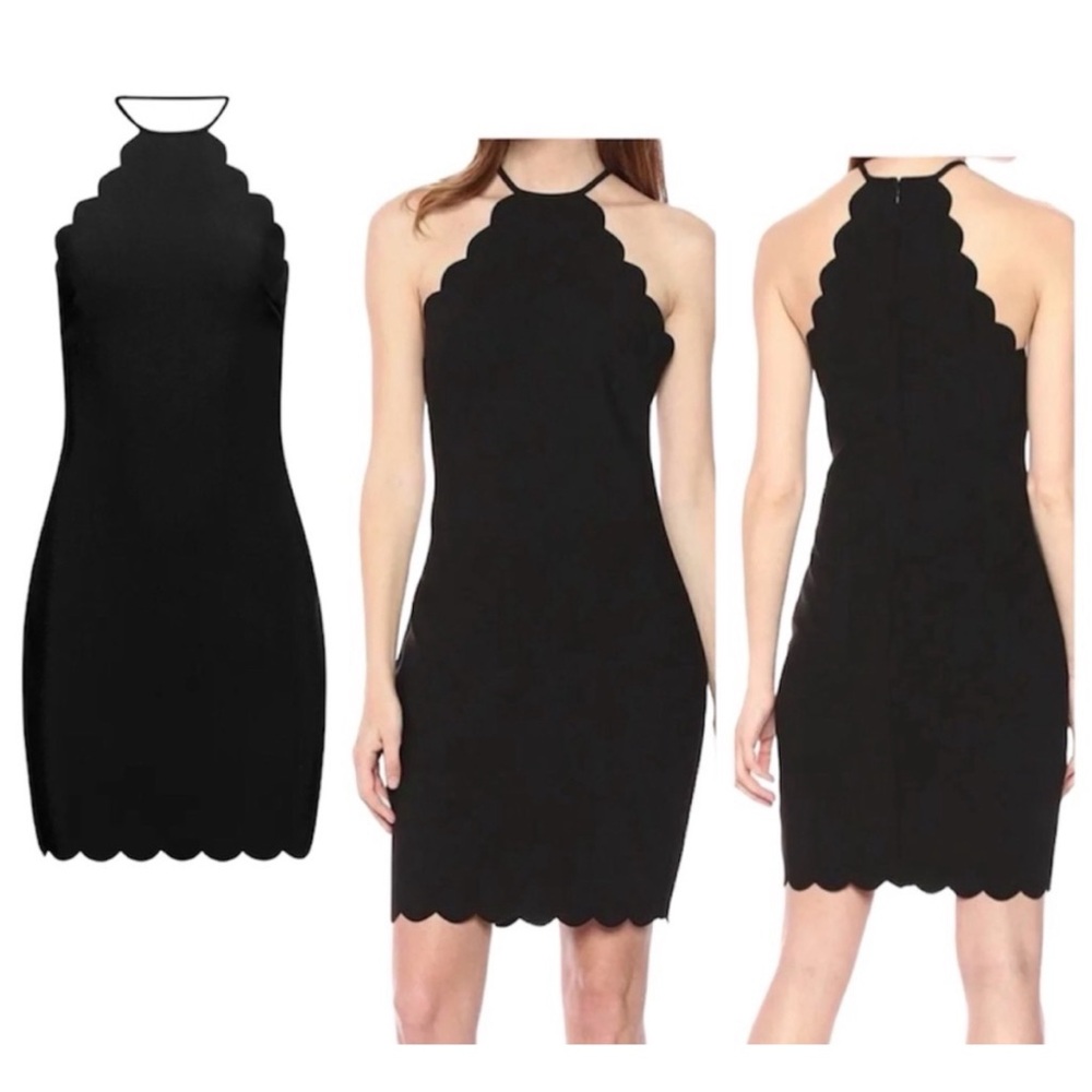 LIKELY Everly Scalloped Sleeveless Bodycon Sheath Halter Black Dress SZ 8